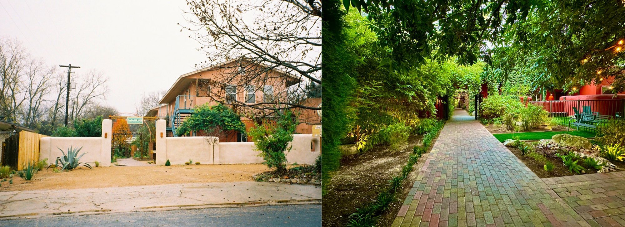 Side-by-side comparison: a bare gravel forecourt, and the same route today as a shaded brick pedestrian path through gardens